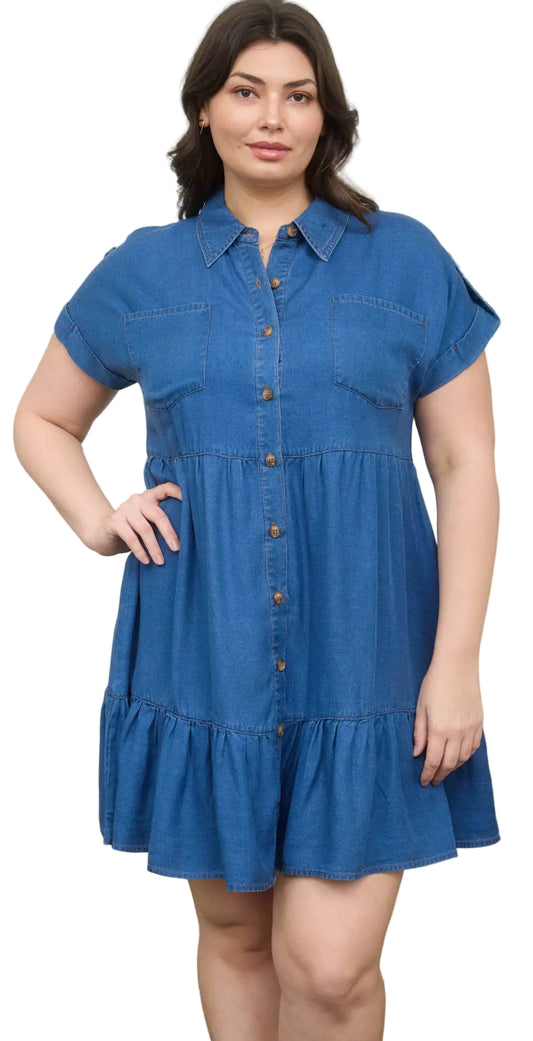 PLUS SIZE DARK CHAMBRAY RUFFLE HEM BUTTON DOWN SHIRT DRESS