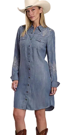 STETSON WOMEN'S DENIM LAVISH EMBROIDERY SHIRT DRESS