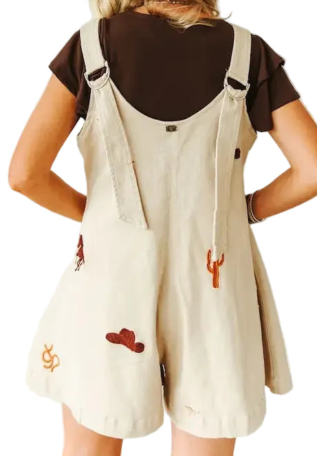 WESTERN MOTIF EMBROIDERED THICK STRAP ROMPER in BEIGE