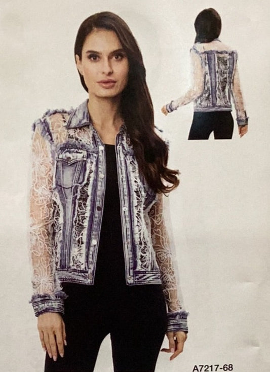 ADORE JACKET WITH WHITE EMBROIDERIED DETAIL in MID WASH DENIM