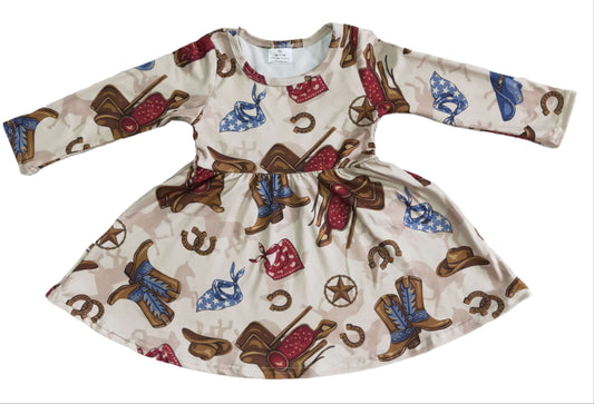 GIRL'S LONG SLEEVE BOOT PRINT WESTERN TWIRL DRESS