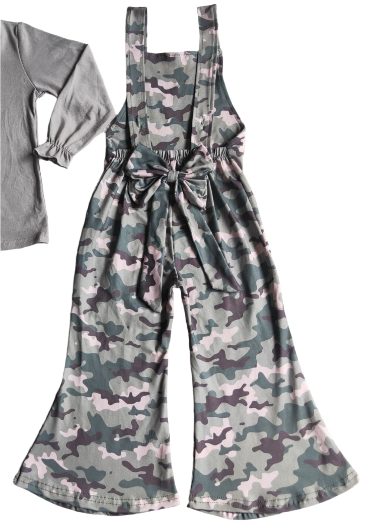 GIRL'S CAMO OVERALLS, GREY TOP SET