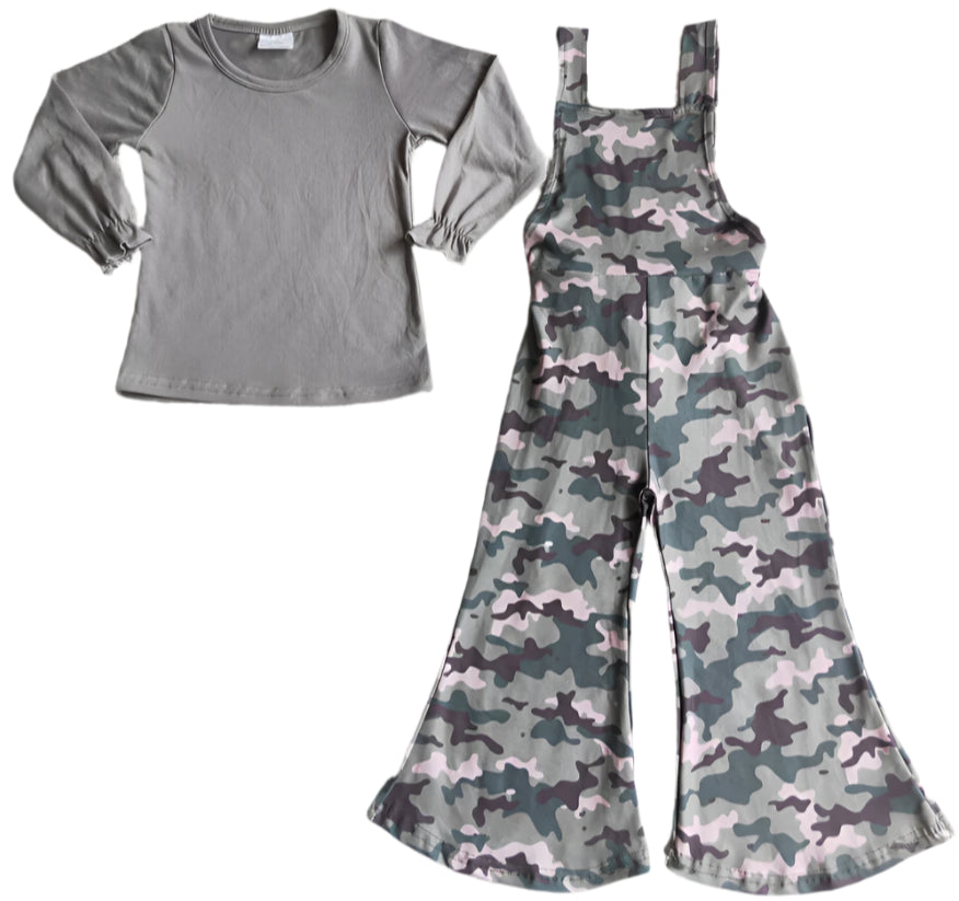 GIRL'S CAMO OVERALLS, GREY TOP SET