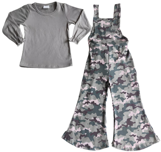 GIRL'S CAMO OVERALLS, GREY TOP SET
