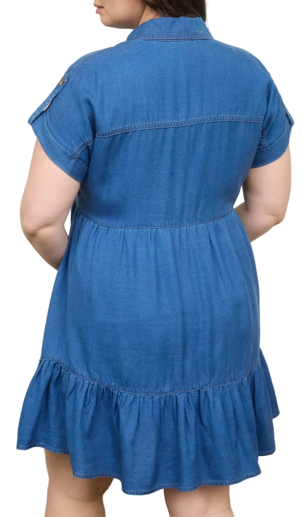 PLUS SIZE DARK CHAMBRAY RUFFLE HEM BUTTON DOWN SHIRT DRESS