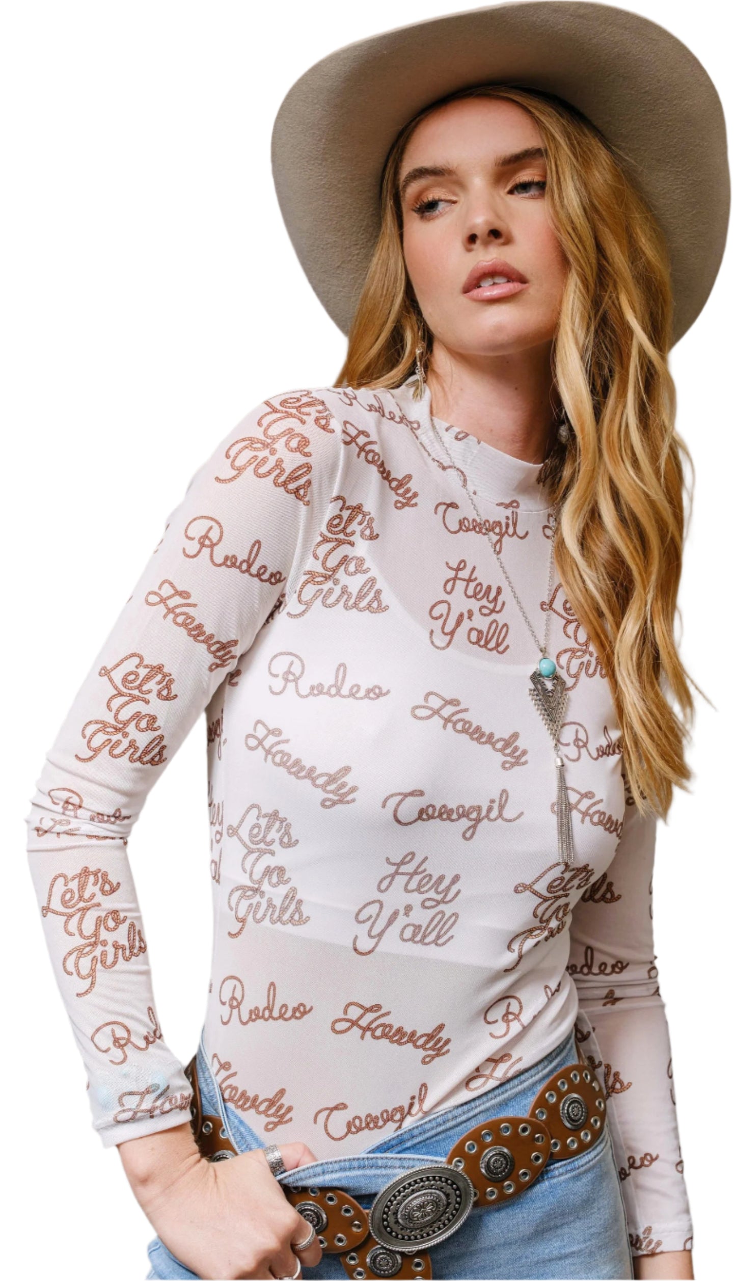 LONG SLEEVE MOCK NECK WESTERN SAYINGS MESH TOP
