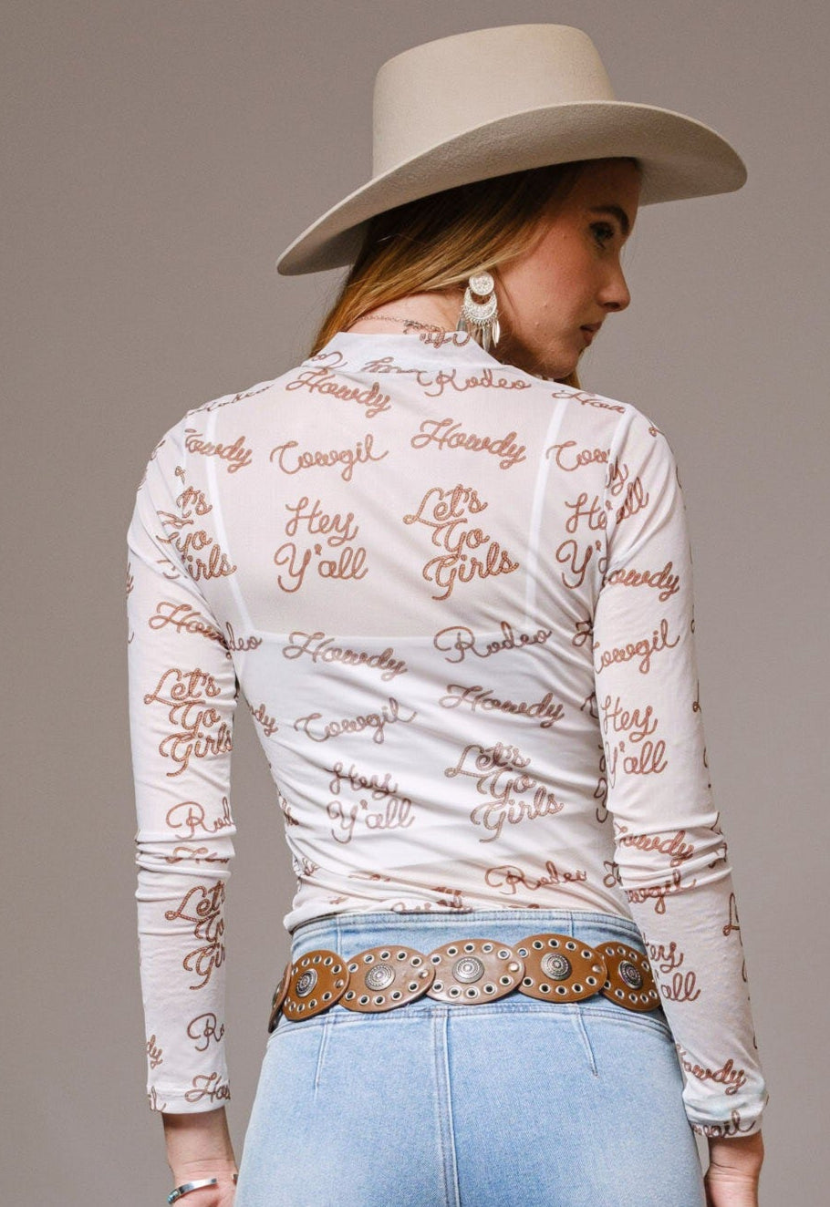 LONG SLEEVE MOCK NECK WESTERN SAYINGS MESH TOP