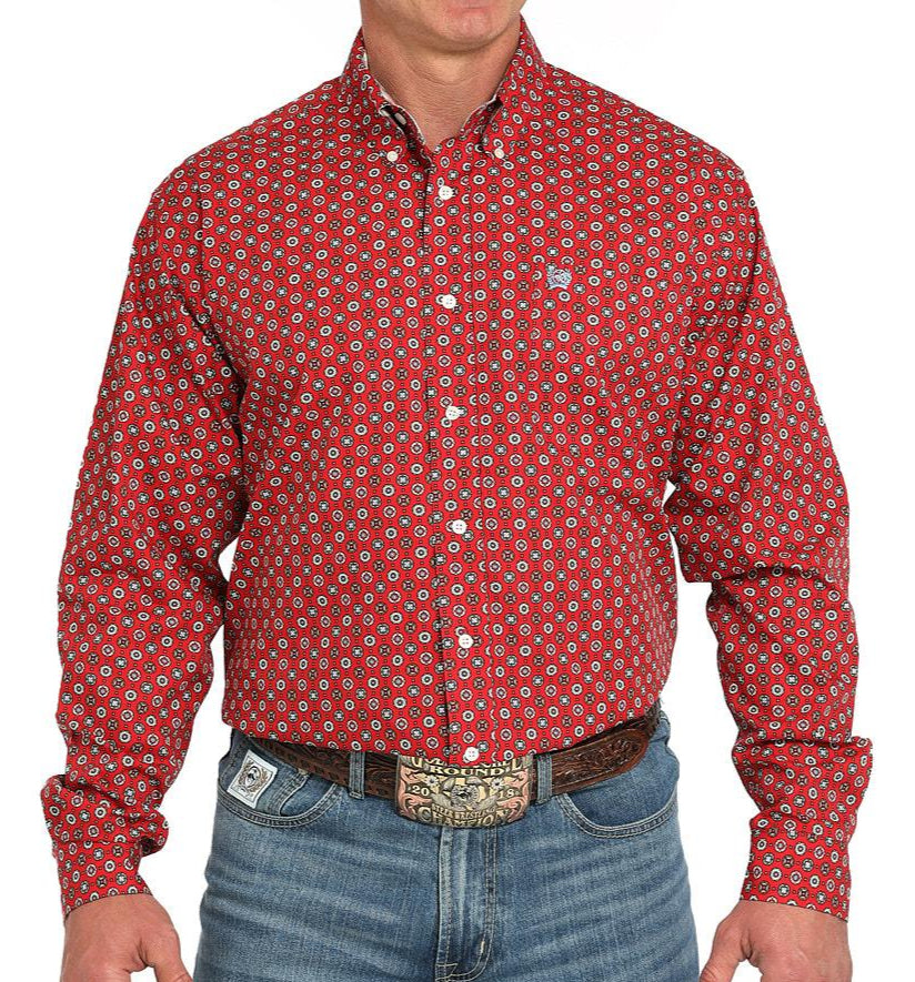 CINCH MEN'S LONG SLEEVE RED PRINT BUTTON DOWN SHIRT
