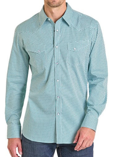 ROCK AND ROLL MEN' GEO PRINT LONG SLEEVE SNAP SHIRT - WHITE/TURQUOISE