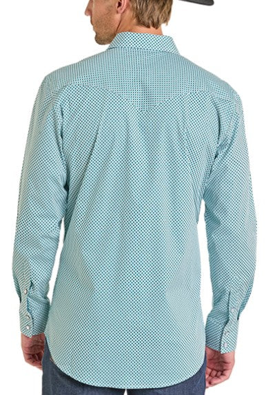 ROCK AND ROLL MEN' GEO PRINT LONG SLEEVE SNAP SHIRT - WHITE/TURQUOISE