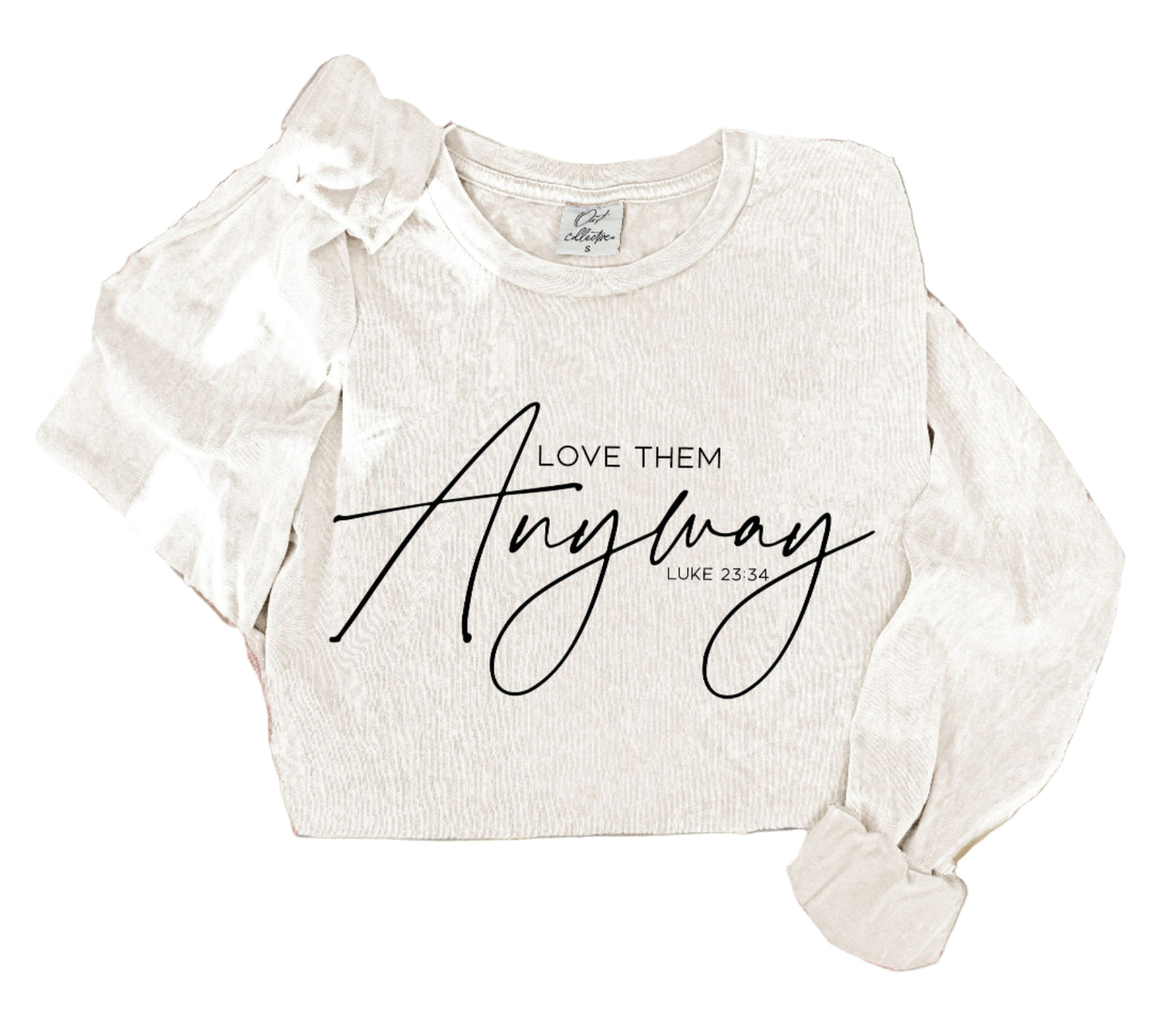 "LOVE THEM ANYWAY" LONG SLEEVE MINERAL WASHED GRAPHIC TOP - CREAM