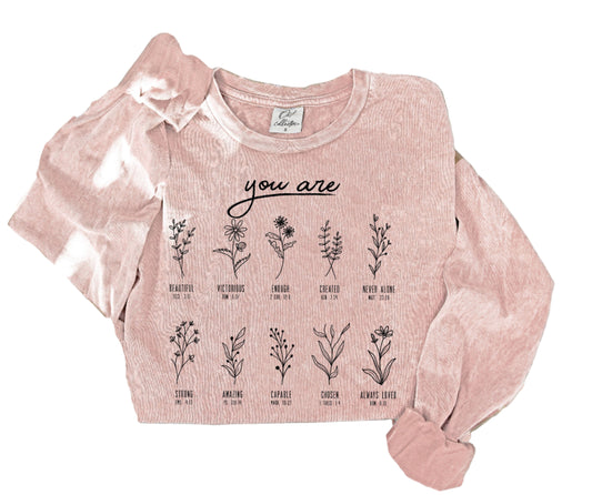 "YOU ARE" LONG SLEEVE MINERAL WASHED GRAPHIC TOP - SOFT PINK