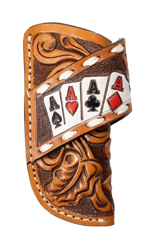 3 D VERTICAL TOOLED FLORAL AND ACE CARD LEATHER KNIFE SHEATH