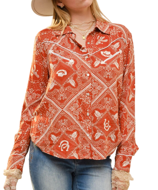 RUST/OFF WHITE WESTERN PRINT SNAP SHIRT