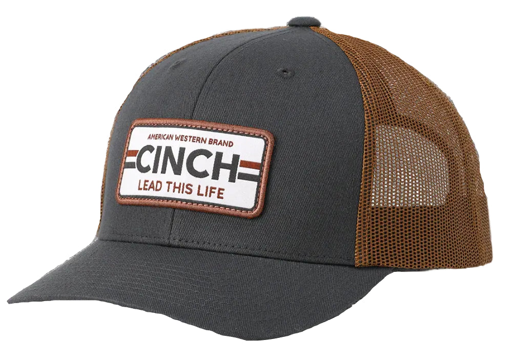 CINCH MEN'S CHARCOAL/BROWN LOGO PATCH TRUCKER CAP