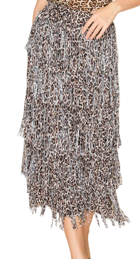 W.A.Y. BROWN LEOPARD PRINTED FRINGE LONG SKIRT