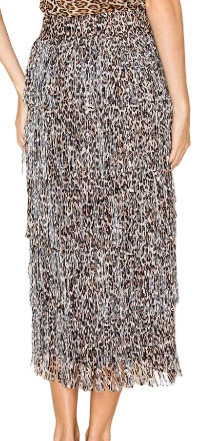 W.A.Y. BROWN LEOPARD PRINTED FRINGE LONG SKIRT