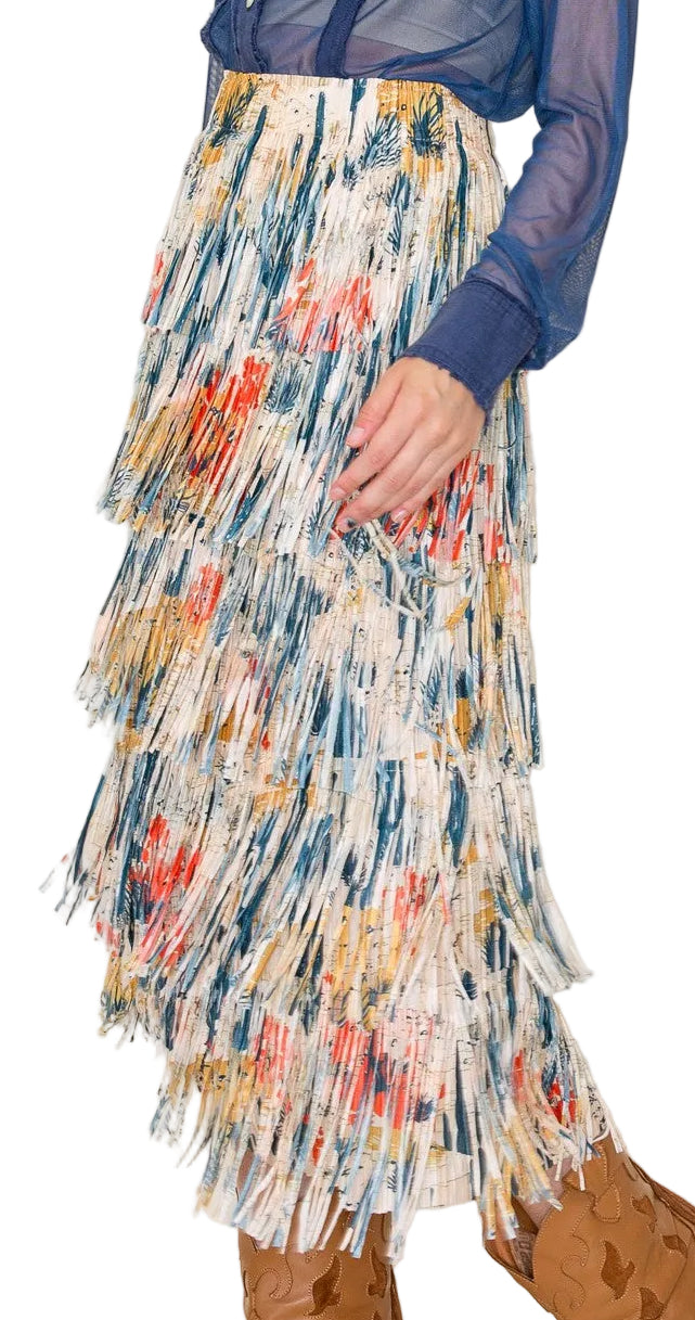 W.A.Y. TAN CACTUS PRINTED FRINGE LONG SKIRT