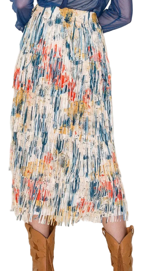 W.A.Y. TAN CACTUS PRINTED FRINGE LONG SKIRT