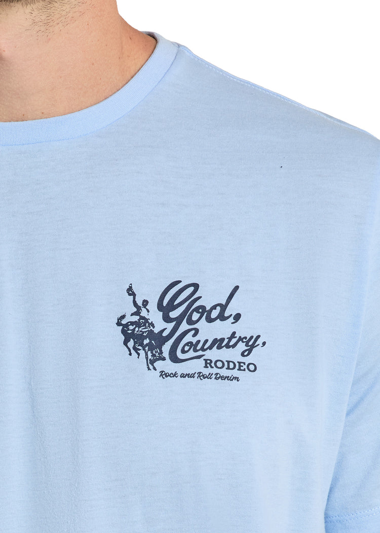 ROCK & ROLL DENIM UNISEX GOD, COUNTRY RODEO GRAPHIC TEE- BABY BLUE