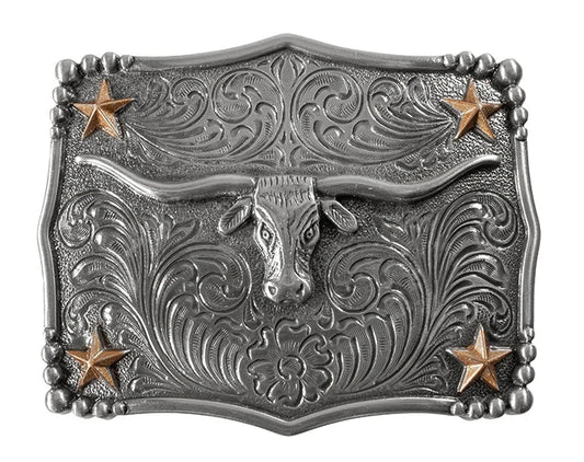 NOCONA RECTANGLE SCALLOPED LONGHORN 2 TONE BUCKLE