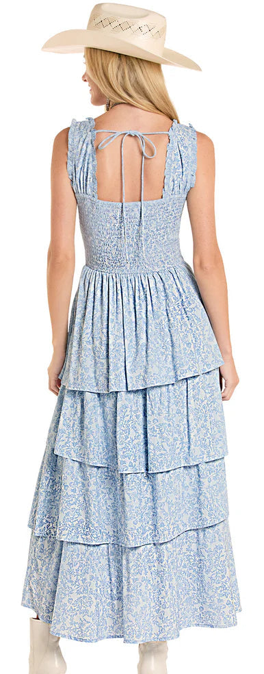 ROCK & ROLL DENIM FLORAL TIERED MAXI DRESS in CERULEAN BLUE