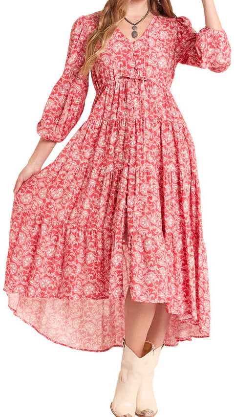 PANHANDLE SLIM WOMEN'S TIERED PAISLEY FLORAL MAXI DRESS in RED