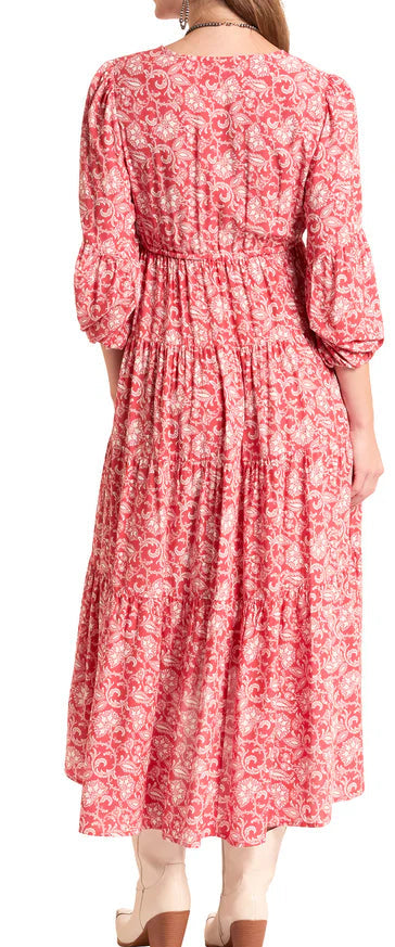 PANHANDLE SLIM WOMEN'S TIERED PAISLEY FLORAL MAXI DRESS in RED