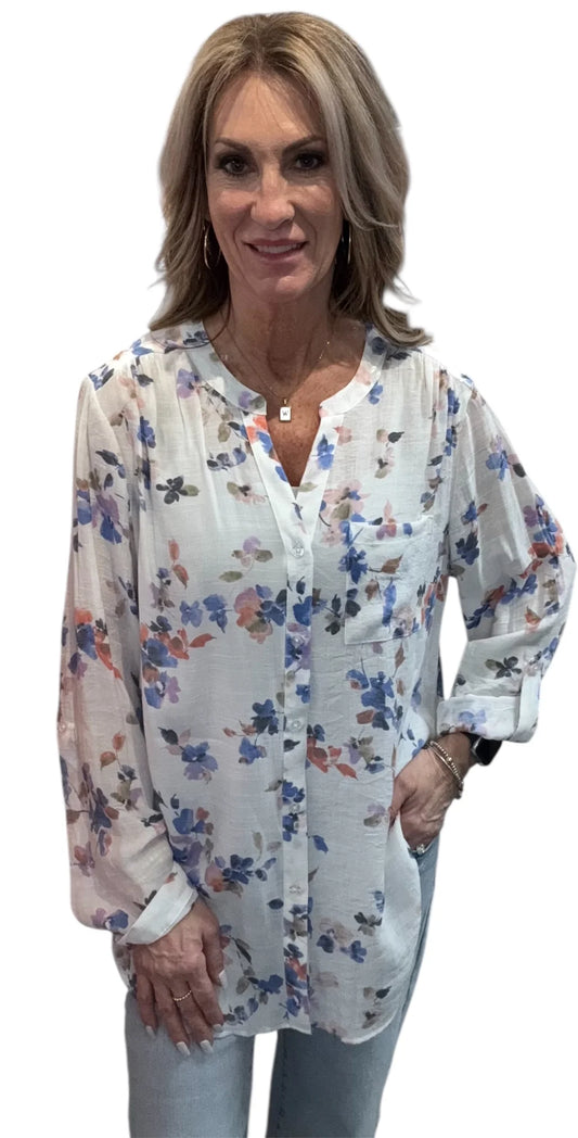 PLUS SIZE COCONUT MILK MULTI-COLOR LONG SLEEVE BLOUSE