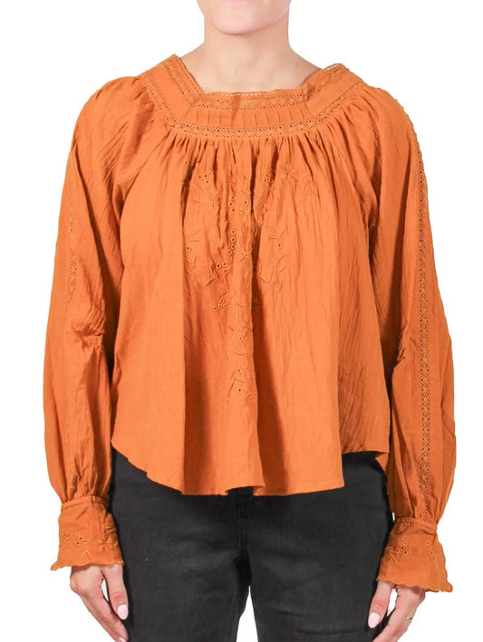 EMBROIDERED PEASANT SQUARE NECK BLOUSE in MUSTARD