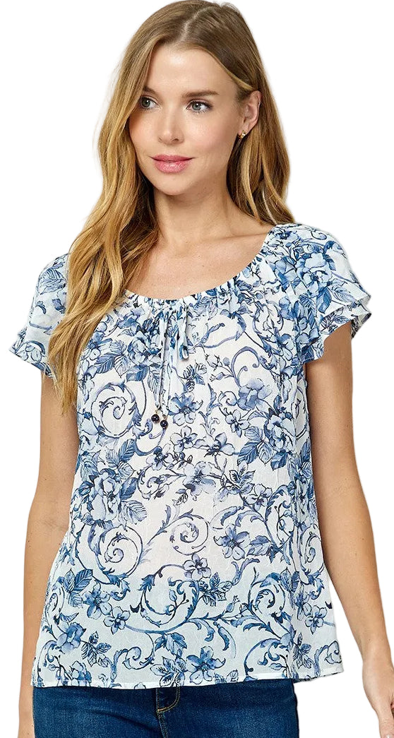 DOUBLE FLUTTER SLEEVE BEADED TIE NECK BLOUSE