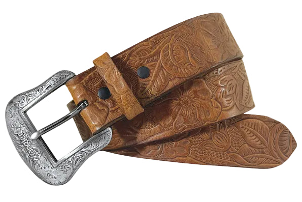 LADIES WRANGLER FLORAL EMBOSSED BROWN BELT