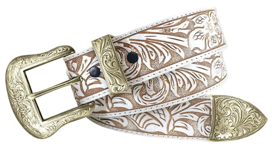 LADIES WRANGLER FLORAL EMBOSSED OFF-WHITE BELT
