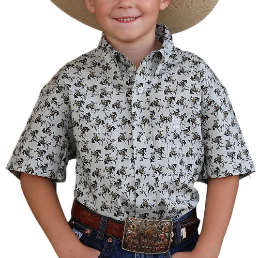 CINCH BOY'S BUCKIN' BRONC SHORT SLEEVE BUTTON DOWN SHIRT in GREY