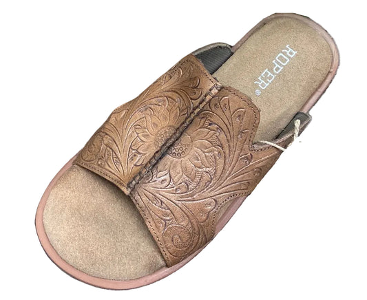 ROPER WOMEN'S TAN TOOLED LEATHER SLIDE SANDAL
