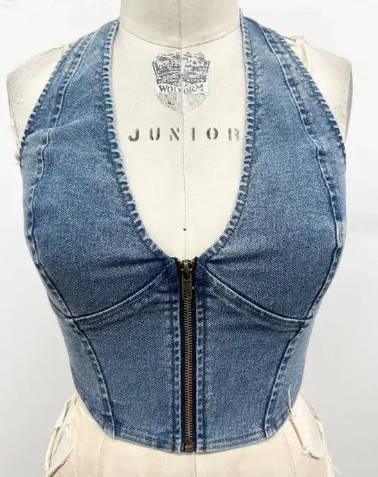 STRETCH DENIM ZIP UP HALTER TOP