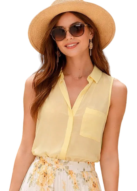 COLLARD SLEEVELESS CHIFFON BLOUSE in SOFT YELLOW