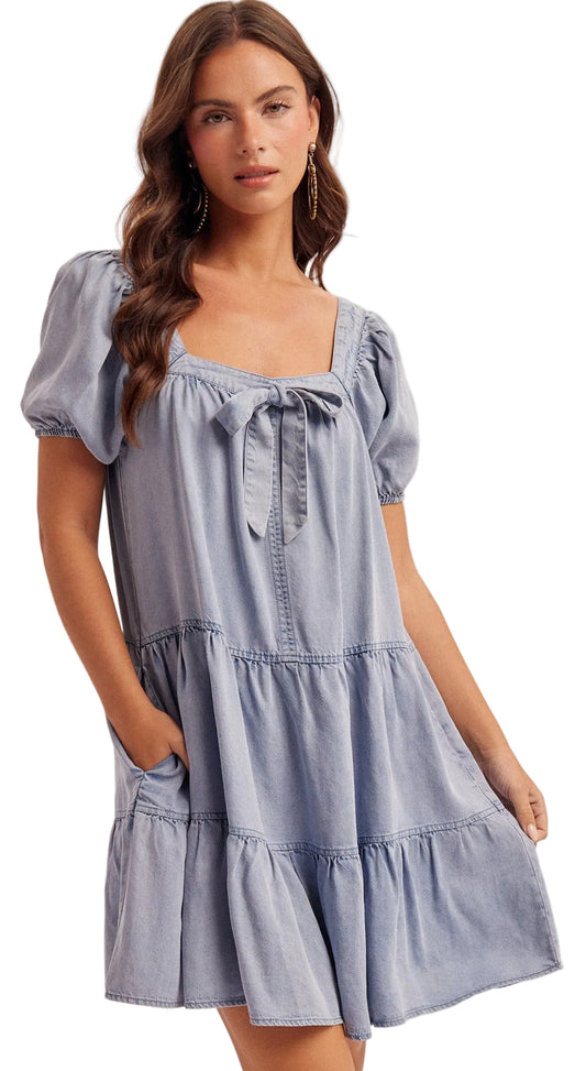 DENIM/TENCEL TIERED BABYDOLL DRESS - LIGHT WASH