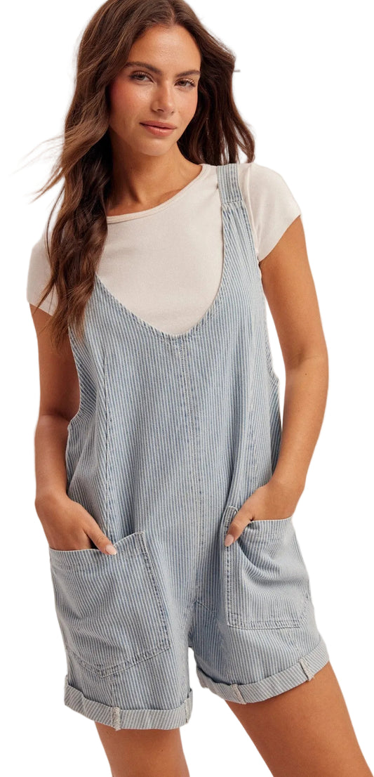WOMEN'S RAILROAD STRIPE SHORTALL W/POCKETS