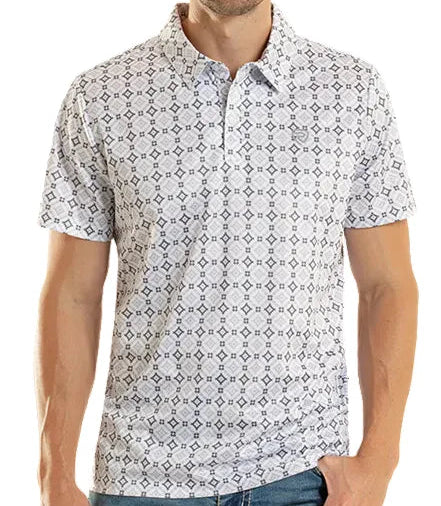 ROCK AND ROLL MEN'S WHITE/GREY MEDALLION PRINT POLO