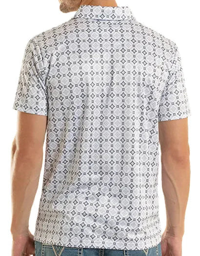 ROCK AND ROLL MEN'S WHITE/GREY MEDALLION PRINT POLO
