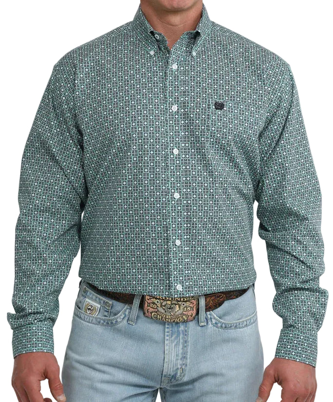 CINCH MEN'S LONG SLEEVE GREEN GEO PRINT BUTTON DOWN SHIRT