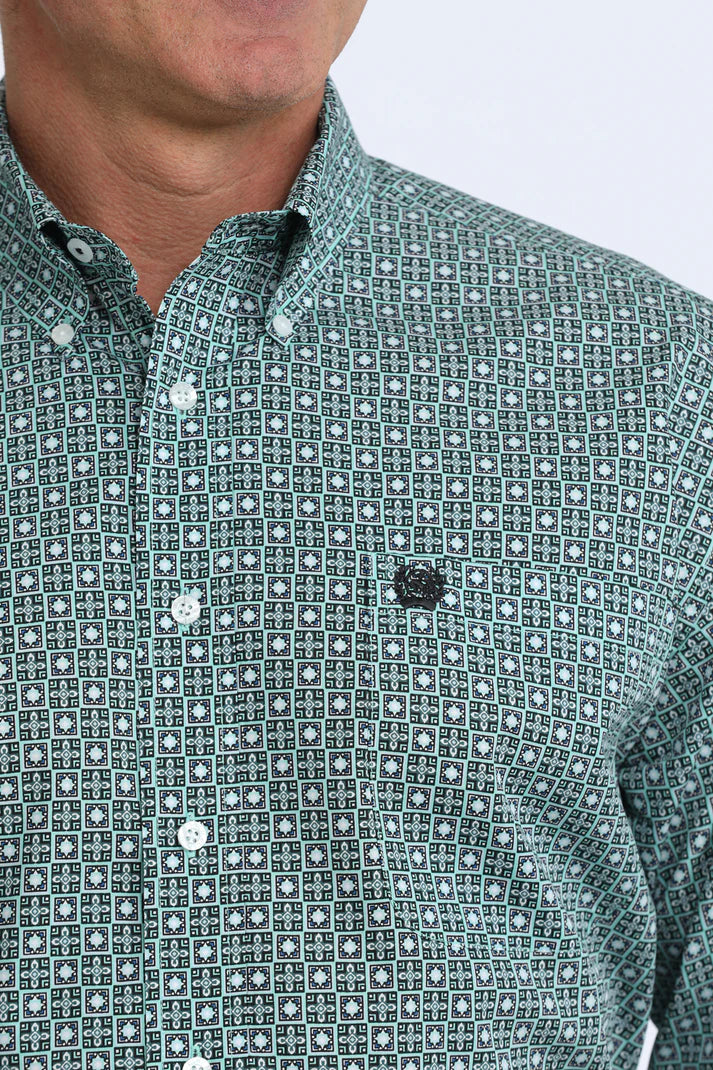 CINCH MEN'S LONG SLEEVE GREEN GEO PRINT BUTTON DOWN SHIRT