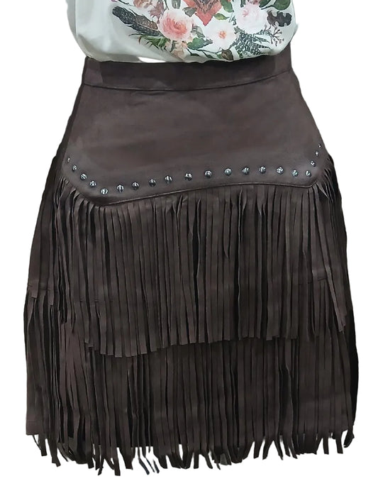 ROCK & ROLL WOMEN'S STUDDED FRINGE MICROSUEDE SKIRT in MOHOGANY