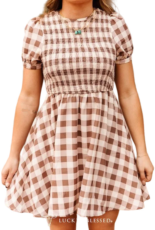 CHECKERED PUFF SLEEVE SMOCKED DRESS