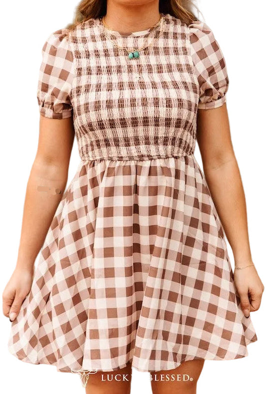 CHECKERED PUFF SLEEVE SMOCKED DRESS