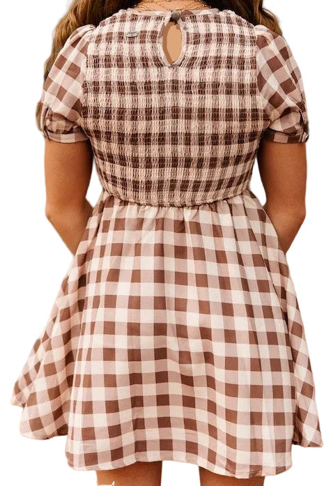 CHECKERED PUFF SLEEVE SMOCKED DRESS