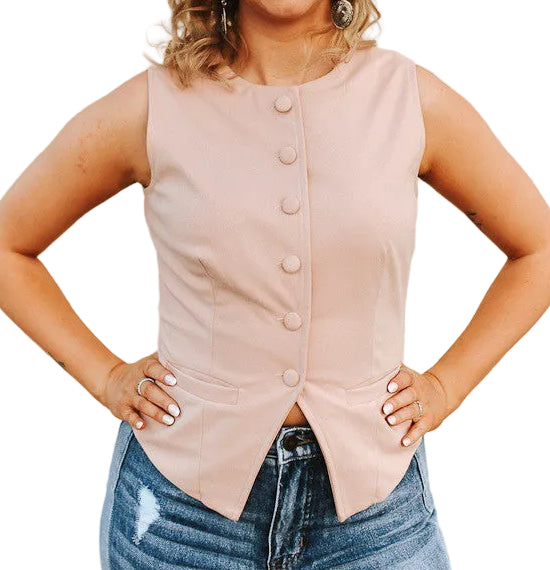 PINK STRETCH SUEDE BUTTON DOWN POCKET VEST