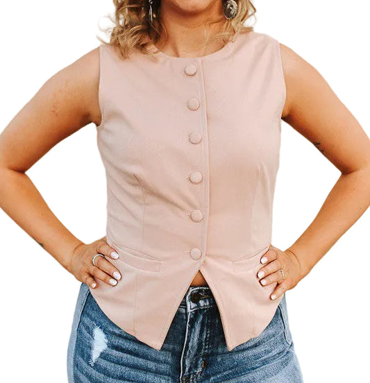 PINK STRETCH SUEDE BUTTON DOWN POCKET VEST