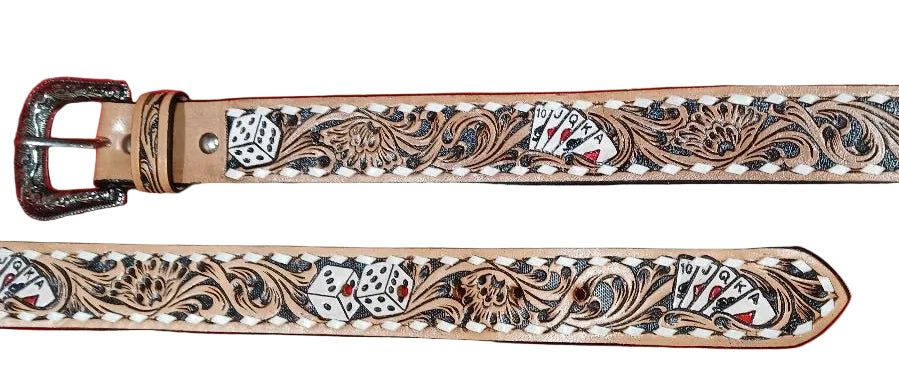 WESTERN 1 1/2" TOOLED POKER CARDS AND DICE BELT - TAN